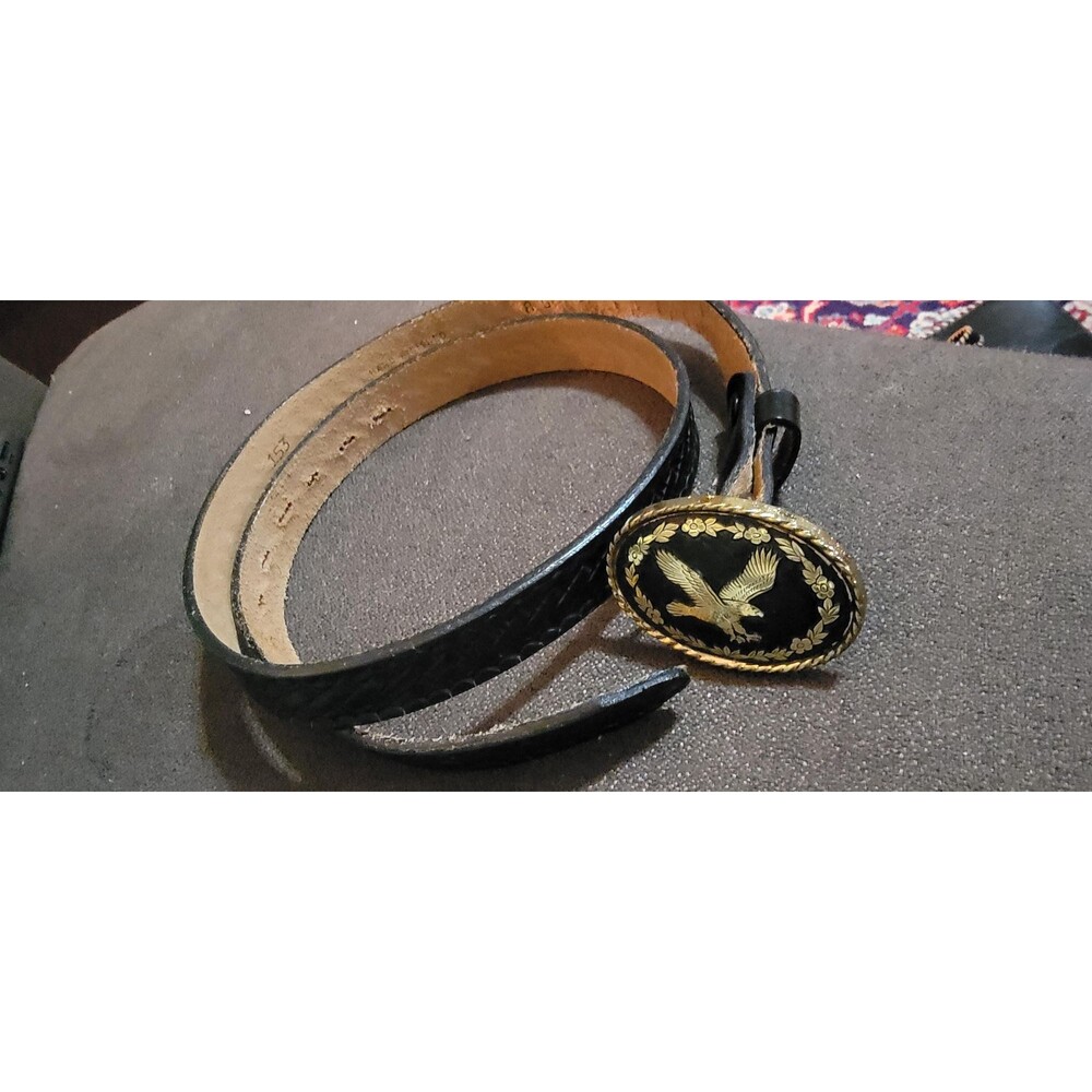 Hand Finished Saddle Leather Belt Black with Buckle black gold w eagle sz 38 NEW